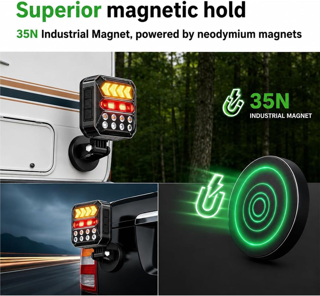 wireless trailer lights, solar rechargeable magnetic tow lights on a desk or shelf