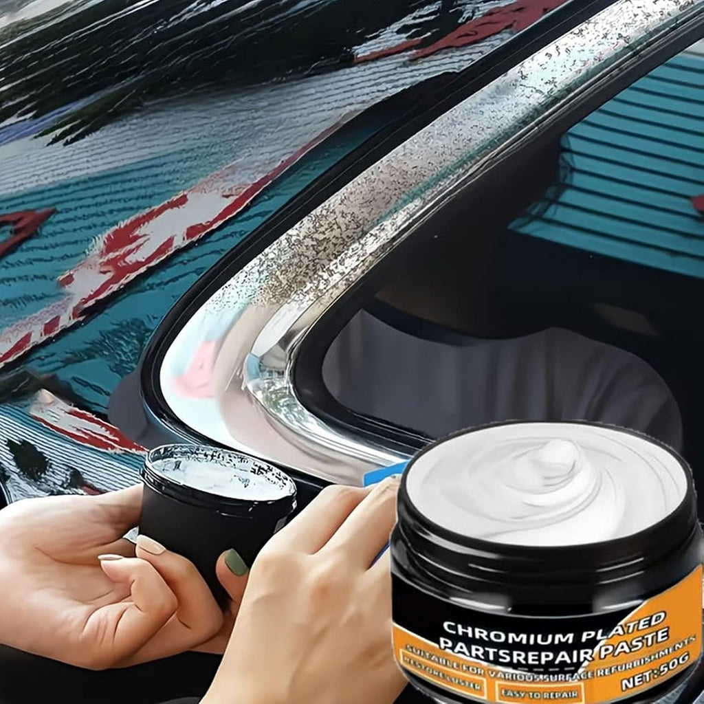 Shiny Chrome Cleaner - 50g Oxidation Removal Paste, Scratch Repair Sponge Applicator, Vehicle Tire Rim Protection, Automotive Detailing Tool, Metal Cleaner for SUV, Truck, Boat, RV