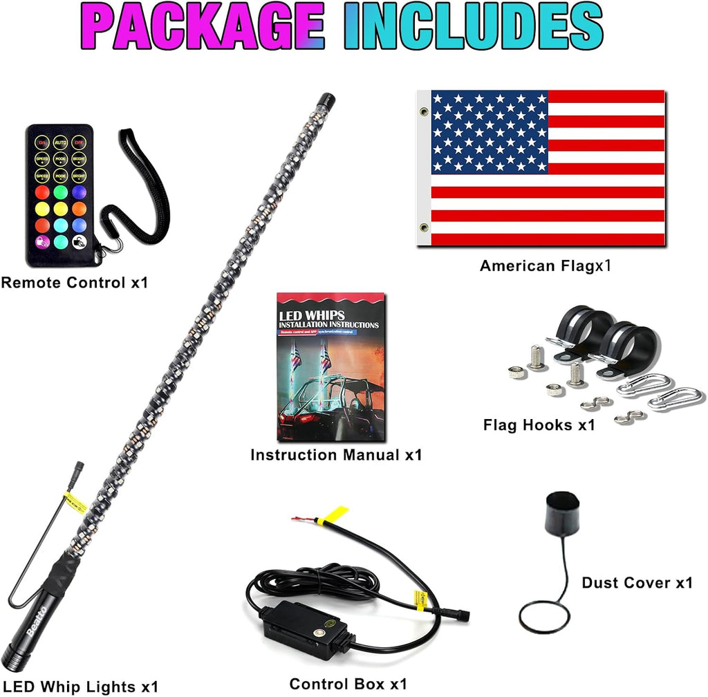 5FT(1.5M) RF Remote Control RGB LED Whips Light with Dacning/Chasing LED Antenna Light for Off-Road Vehicle ATV UTV RZR Jeep Trucks Dunes