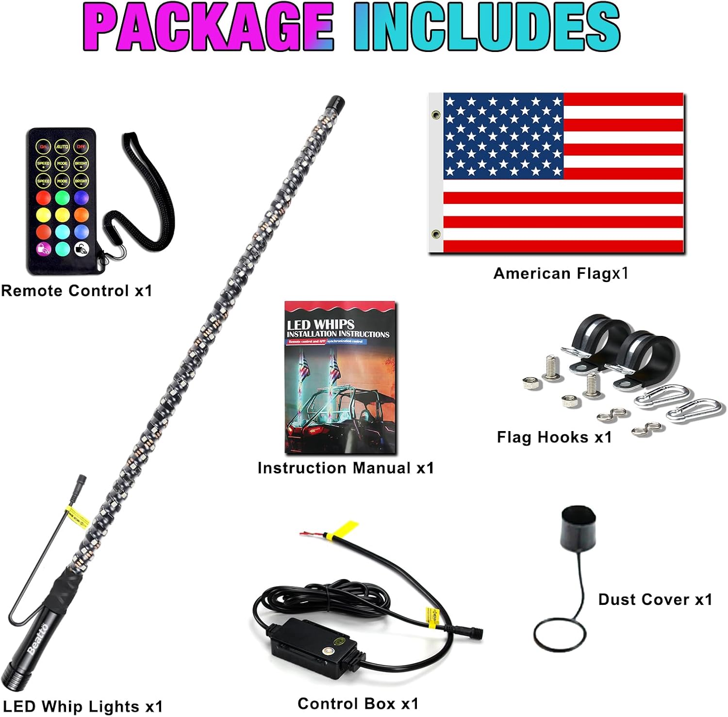 5FT(1.5M) RF Remote Control RGB LED Whips Light with Dacning/Chasing LED Antenna Light for Off-Road Vehicle ATV UTV RZR Jeep Trucks Dunes
