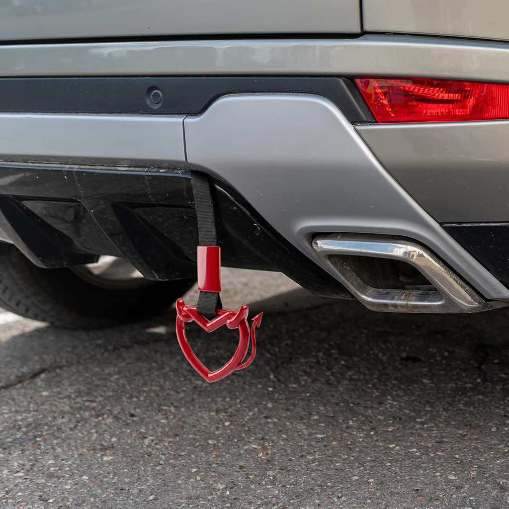 2 Pcs Devil Heart Shaped Car Handle Strap – JD M Drift Charm Rear Bumper Warning Ring Decor for Car Interior Exterior, Subway Bus Handle Accessory, Cute Heart Car Decor Gift (Red-Tail)