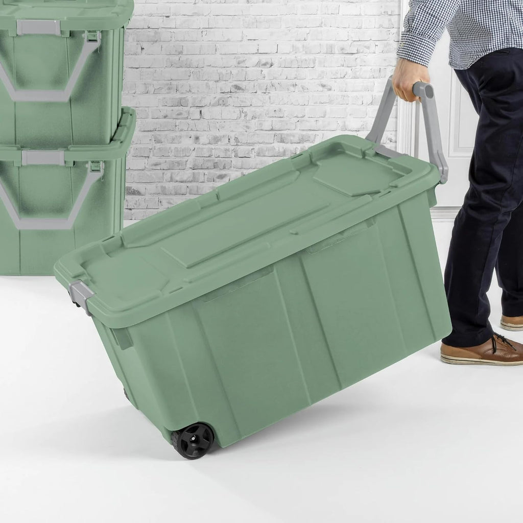 40-gallon plastic storage boxes with snap-on lids and handles, light green, 2-pack