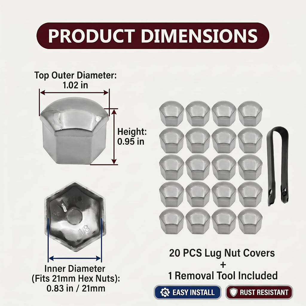 20PCS Lug Nut Covers, 21mm Car Hexagonal Wheel Bolt Covers Caps with Removal Tool, Dustproof Anti-Rust Auto Hub Screw Bolt Head Tire Protector, Universal Lug Nut Cap for Car SUV Truck (Silver)