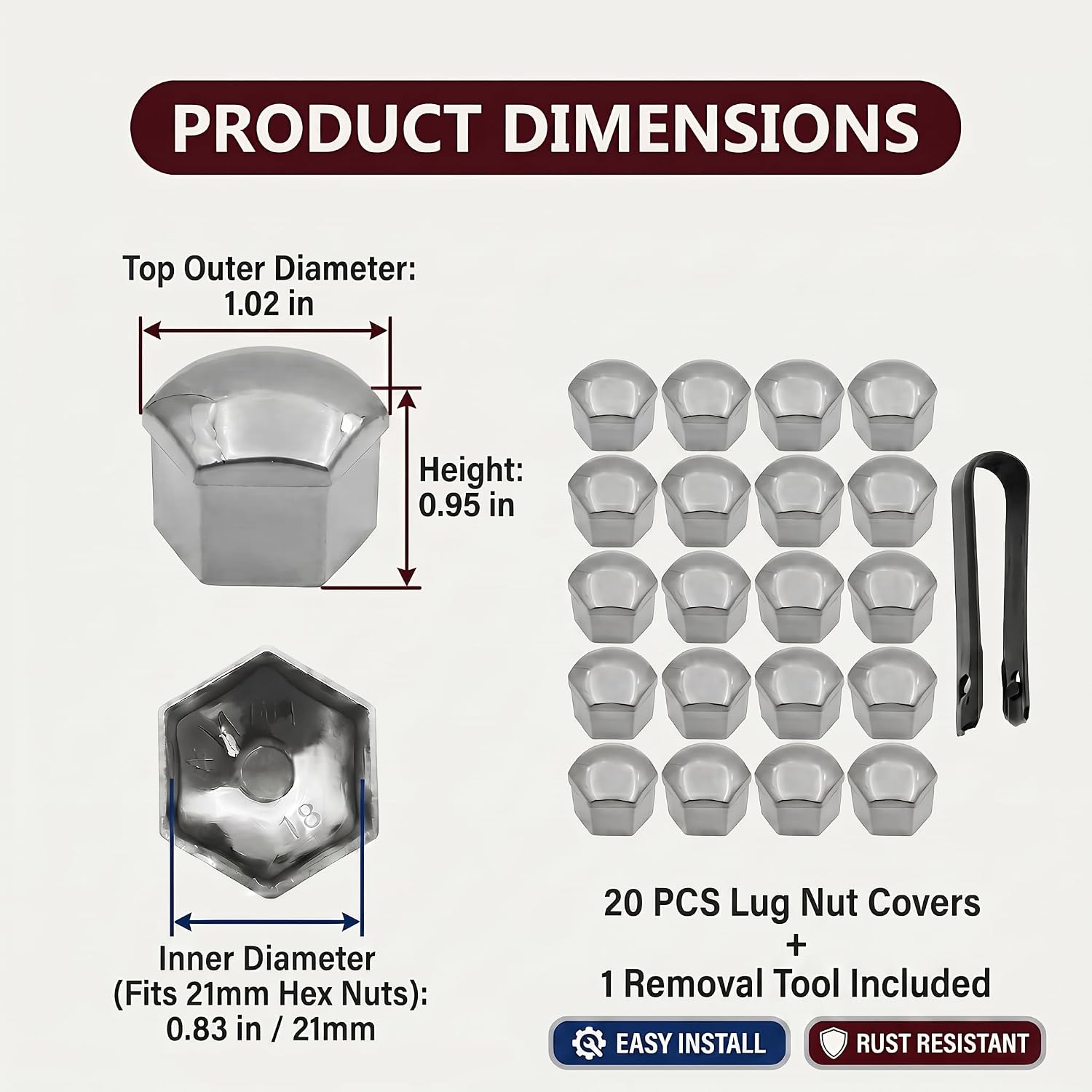 20PCS Lug Nut Covers, 21mm Car Hexagonal Wheel Bolt Covers Caps with Removal Tool, Dustproof Anti-Rust Auto Hub Screw Bolt Head Tire Protector, Universal Lug Nut Cap for Car SUV Truck (Silver)