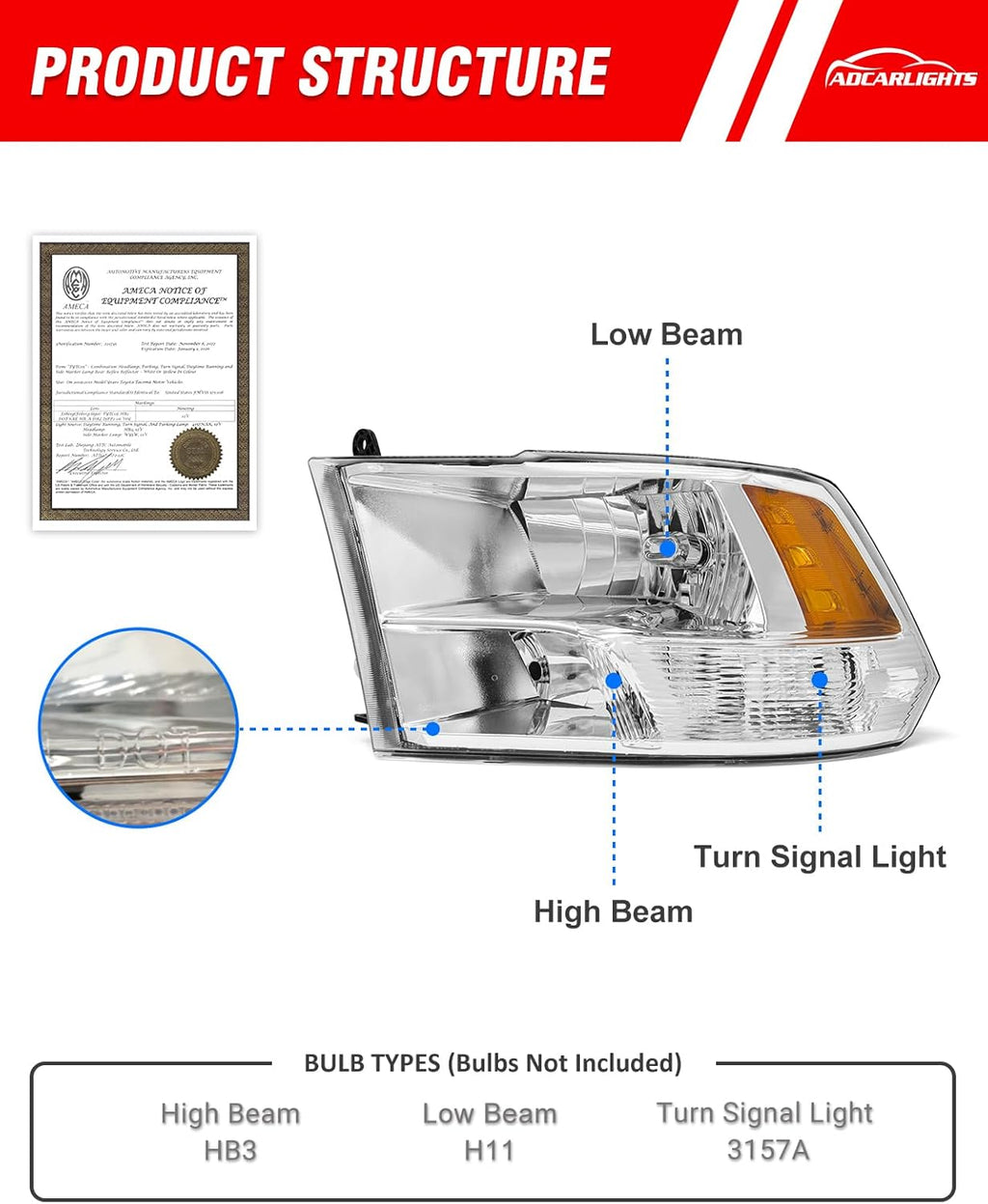 for 2010 2011 2012 2013 2014 2015 2016 2017 2018 Dodge Ram Headlight Assembly compatible with 10-18 Ram 1500/10-18 Ram 2500 3500 Chrome Housing Amber Reflector Headlamp Replacement