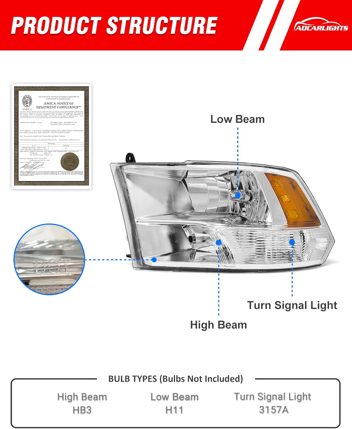 for 2010 2011 2012 2013 2014 2015 2016 2017 2018 Dodge Ram Headlight Assembly compatible with 10-18 Ram 1500/10-18 Ram 2500 3500 Chrome Housing Amber Reflector Headlamp Replacement