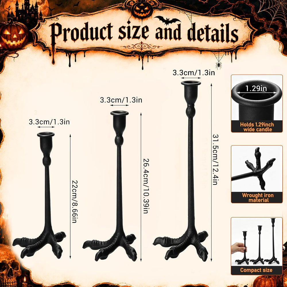 3 Set Claw Foot Candlestick Holders, Halloween Decor, Gothic, Black