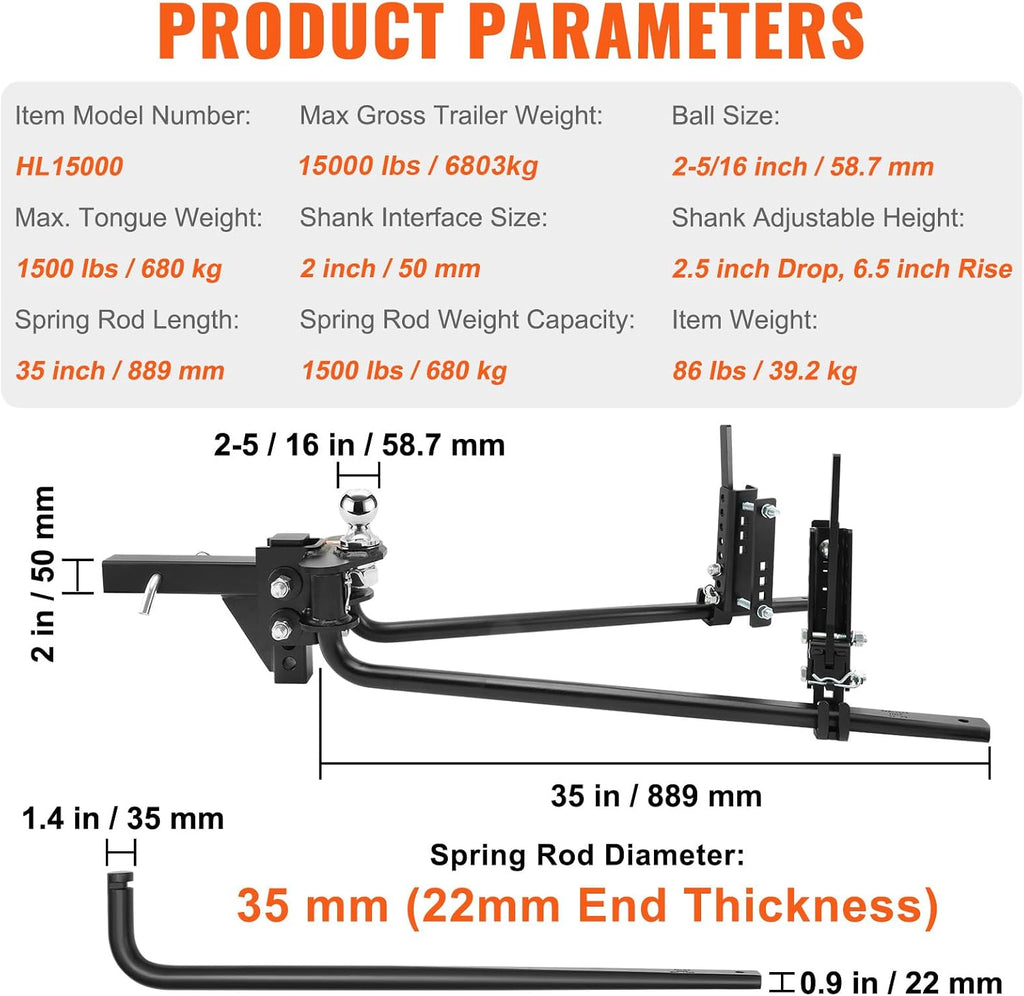 VEVOR Sway Control Weight Distribution Hitch, 1,500 lbs Capacity, Trailer Hitch Kit with 2-Inch Solid Steel Shank, 2-5/16 Inch Alloy Steel Ball, Powder-Coated Load Leveling, Black