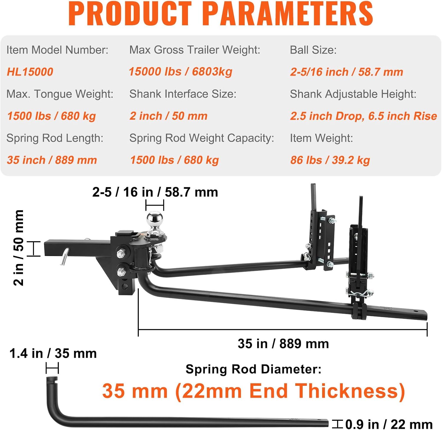 VEVOR Sway Control Weight Distribution Hitch, 1,500 lbs Capacity, Trailer Hitch Kit with 2-Inch Solid Steel Shank, 2-5/16 Inch Alloy Steel Ball, Powder-Coated Load Leveling, Black