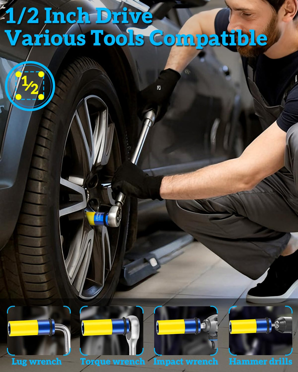17mm Lug Nut Impact Socket,1/2" Drive Wheel Sockets | Non Marring, Thin Wall, Deep Socket, CR-MO