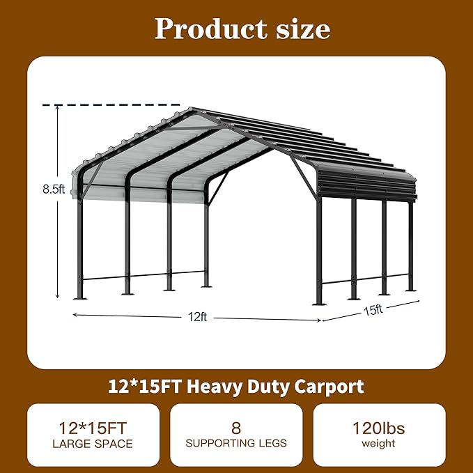 Walsunny Metal Carport 12x15 FT Heavy Duty Carport Canopy - Image 2
