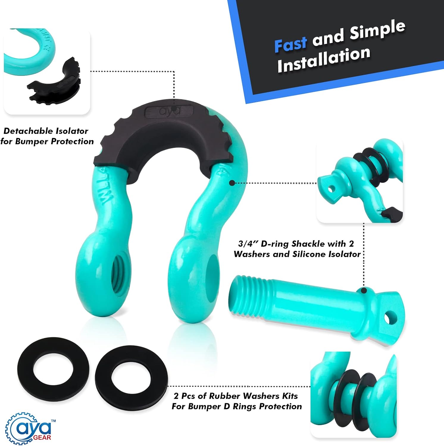 D Ring Shackle (2 Pack) 62,700 Ibs Break Strength with 7/8" Screw Pin and Shackle Isolator & Washers Kit for Tow Strap Winch, Off Road Vehicle Recovery Jeep Truck (Tiffany Blue-Black)