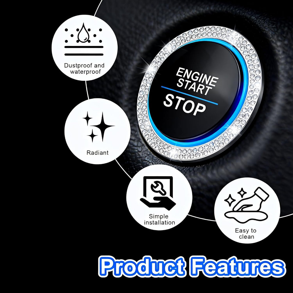 2PCS Crystal Rhinestone Car Engine Start Decoration Ring, Push to Start Button Cover Stickers, Combinatorial Bling Car Interior Accessories for Women (Double row - Silver)