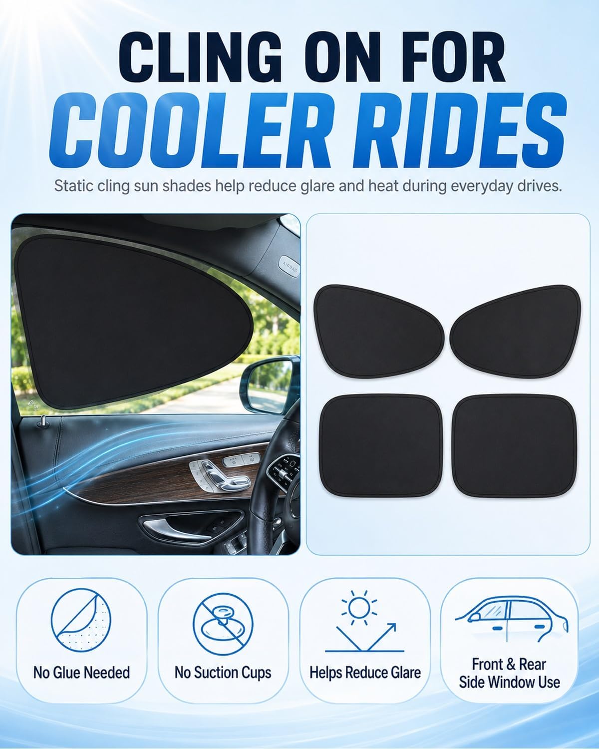 Static Cling Shades for Car Windows, Universal Car Side Window Sun Shades, Foldable Black Gel Electrostatic Sunshades, Front and Rear Static Suction Automobile Blocker(4Pcs Front and Rear)