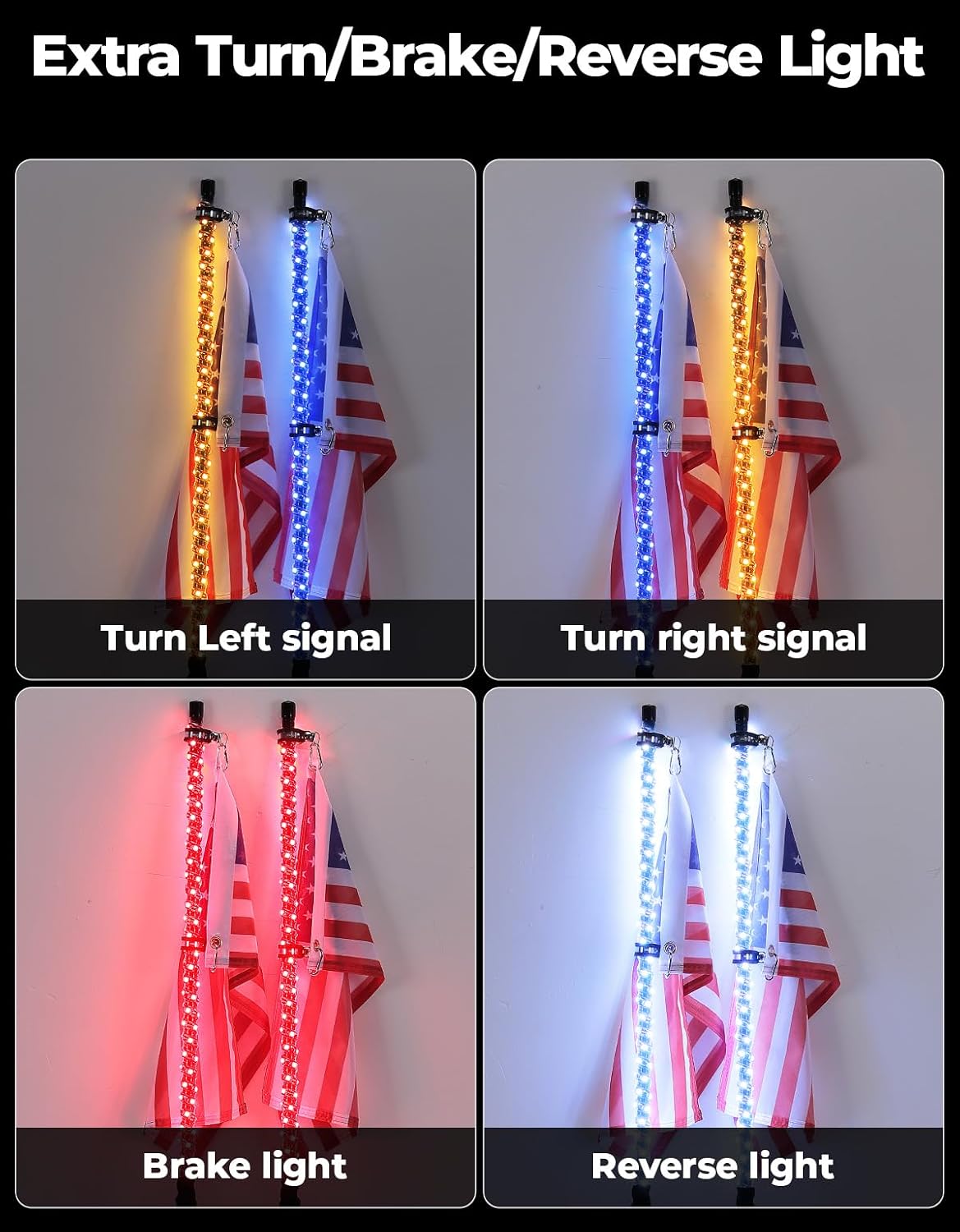 Kemimoto 2PCS 3FT Universal LED Whip Light and 4 PCS Rock Lights Combo | 366 Modes with Integrated Rocker Switch (Turn/Hazard/Light) & SOS Mode, Spring Base & App Control, IP67 Waterproof