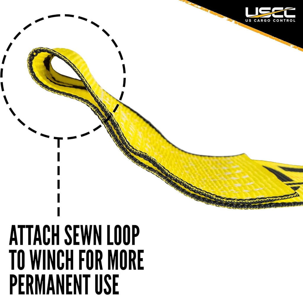 US Cargo Control 4" x 5' Roll Off Container Winch Straps with Flat Hook & Sewn Loop End (2 Pack), 5,400 LBS Working Load Limit, 4 Inch Winch Straps for Roll Off Dumpster and Container Trucks