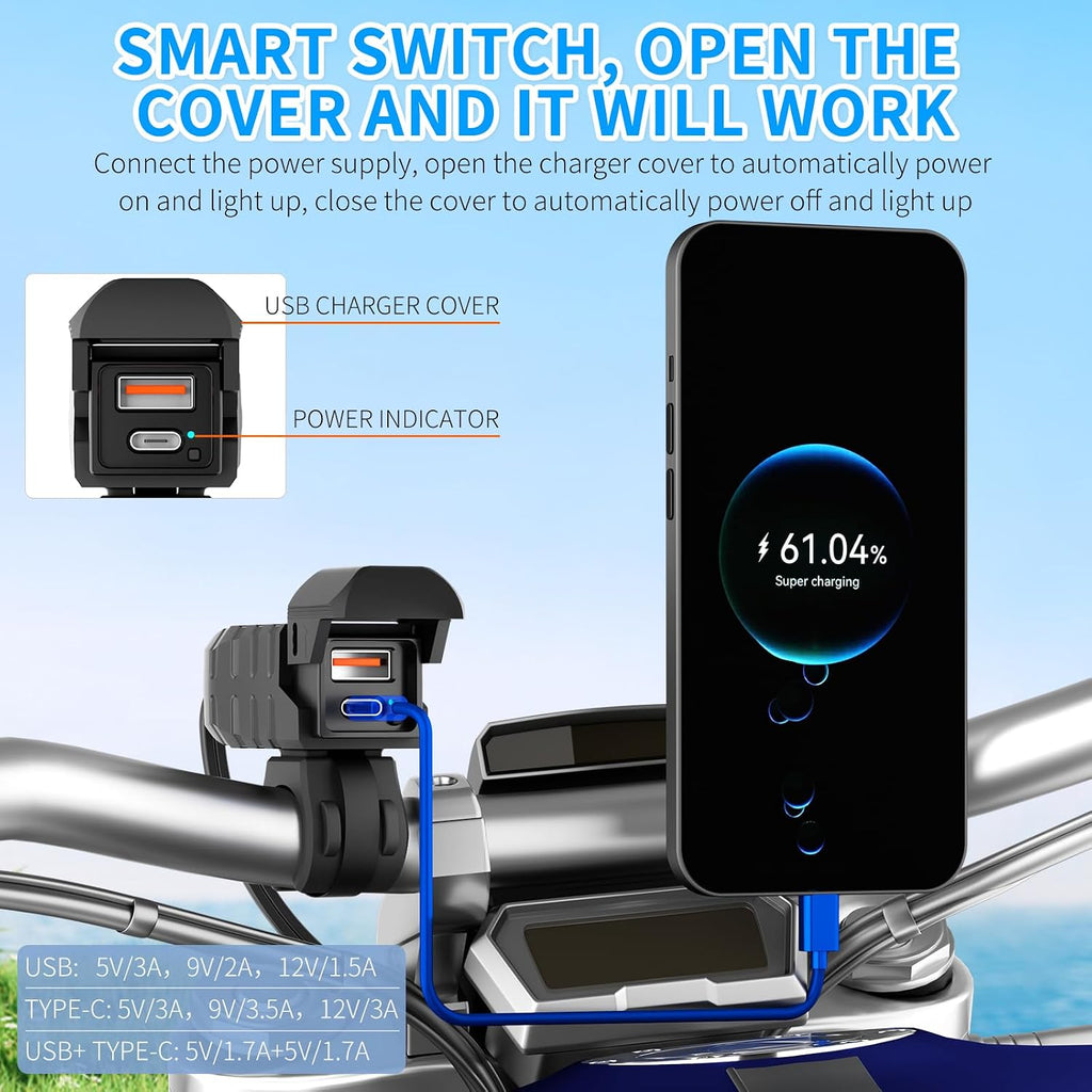 Motorcycle USB Charger, Dual USB Type C 30W PD & QC 3.0 Motorcycle Phone Charger with Voltmeter & ON/Off Switch, Waterproof ATV/Motorcycle/Dirt Bike Charger for Phone, Tablet, GPS...