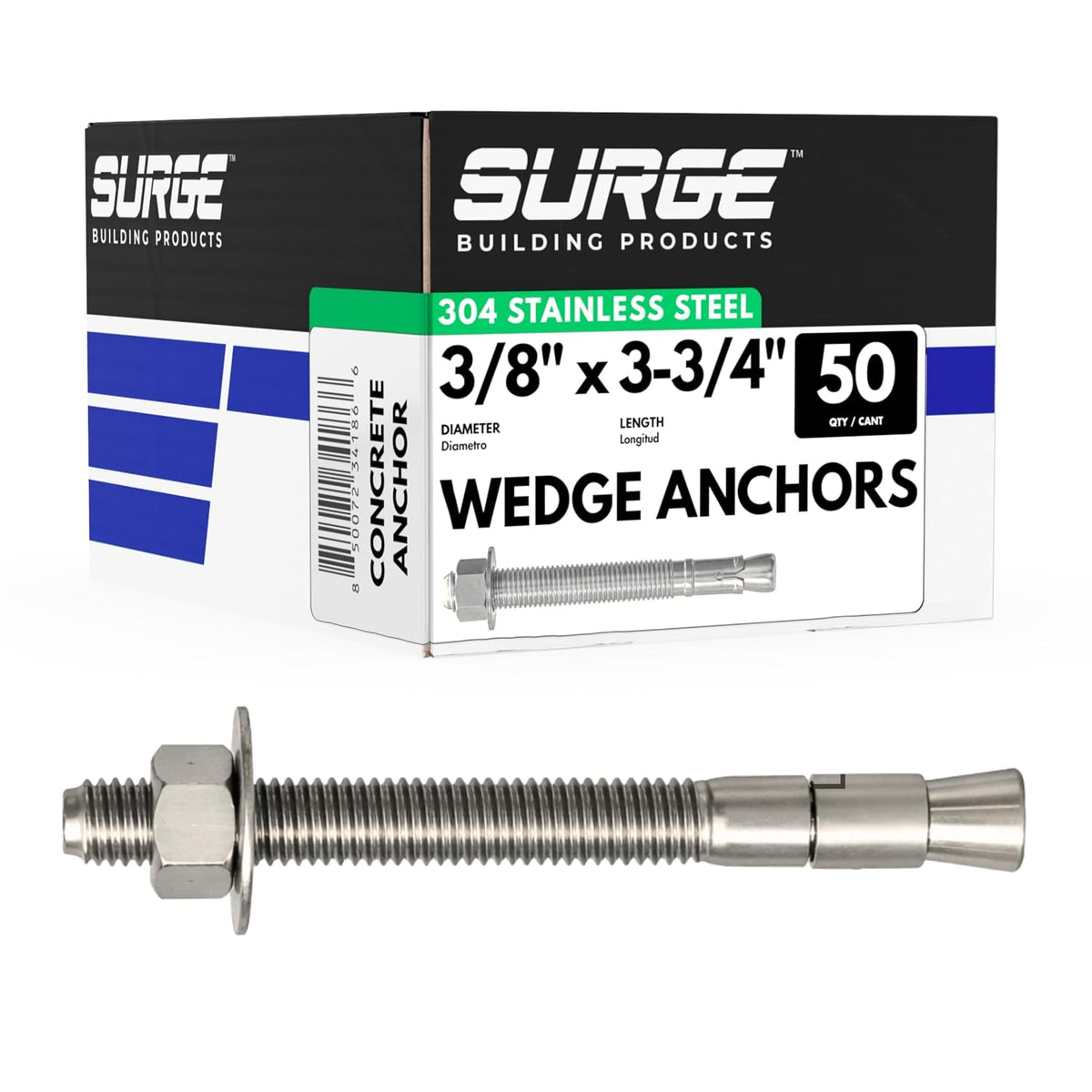 3/8" x 3-3/4" 304 stainless steel wedge anchors, main product view
