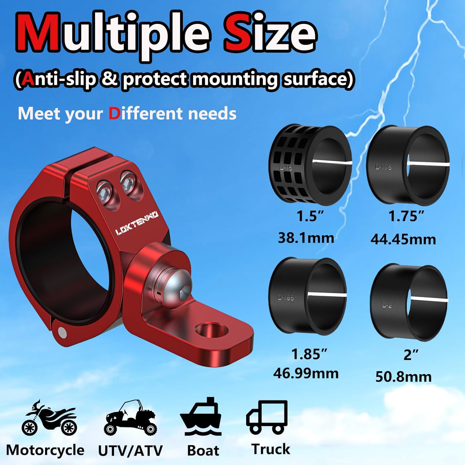 LOKTENWO 2 PCS Solid Heavy Whip Light Mount 360°Adjustable Light Bar Mounting Bracket, Aluminum Alloy Roll Bar Whip Flag Mounts for UTV Fit 1.5''/1.75''/1.85''/2''/2.1'' Roll Cage