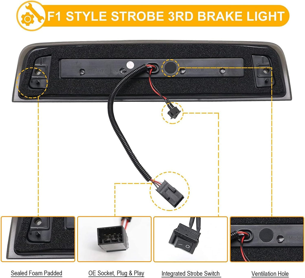 R&F Auto LED Strobe Third Brake Light Compatible With Ram 1500 2500 3500 4500 5500, 2010-2018, F1 Style Red Flash Smoked High Mounted Stop Lights with Seal Foam Gaskets Roof Cargo Lamp Pickup Truck
