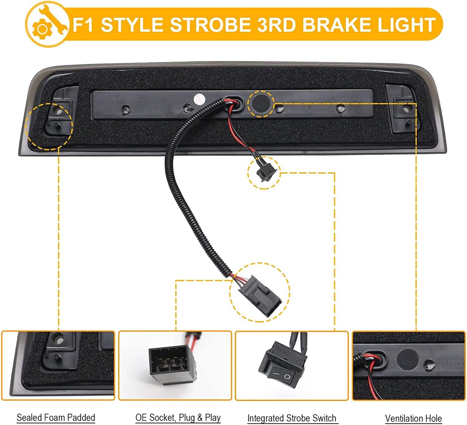 R&F Auto LED Strobe Third Brake Light Compatible With Ram 1500 2500 3500 4500 5500, 2010-2018, F1 Style Red Flash Smoked High Mounted Stop Lights with Seal Foam Gaskets Roof Cargo Lamp Pickup Truck