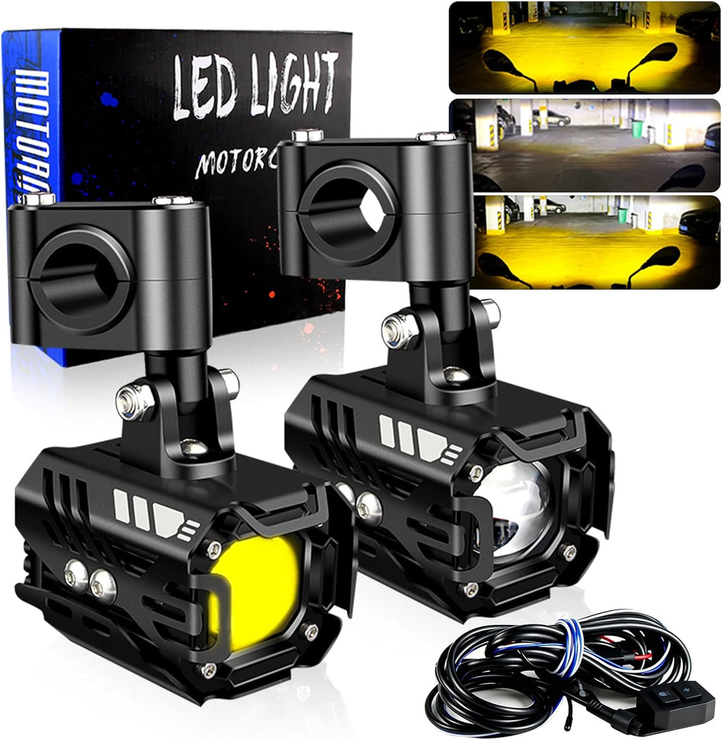 LED Motorcycle Auxiliary Lights Driving Fog Lights Universal Spotlights White/Amber High/Low Beam with 7 Modes, Compatible with Motorcycle SUV ATVs UTVs, 2PCS