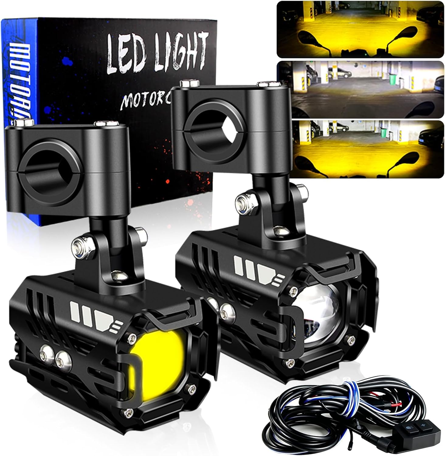 LED Motorcycle Auxiliary Lights Driving Fog Lights Universal Spotlights White/Amber High/Low Beam with 7 Modes, Compatible with Motorcycle SUV ATVs UTVs, 2PCS