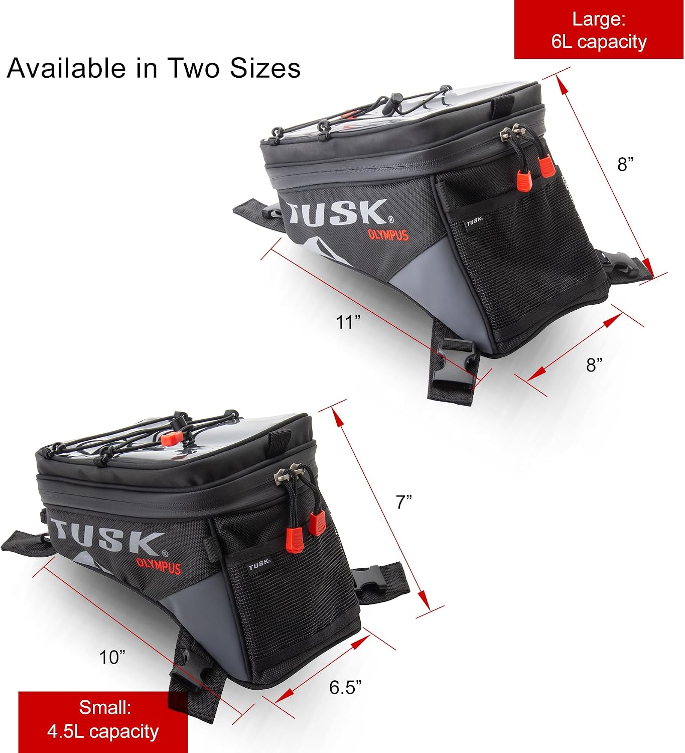 TUSK Olympus Tank Bag Large – 8L Motorcycle Luggage, Black/Grey, Waterproof Zippers, Phone Map Pocket, Fits ADV, Dual Sport, Touring, and Dirt Bikes
