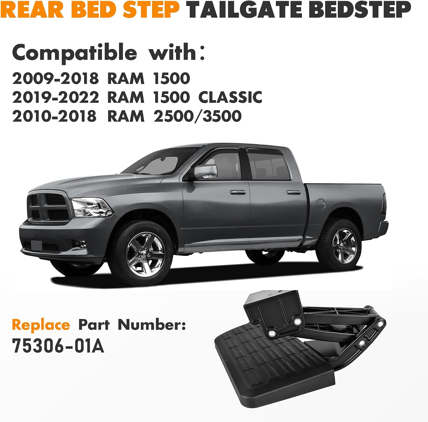 ASOPARTS Rear Bed Step Compatible with 2009-2018 Dodge Ram 1500, Ram 2500/3500 (Excludes Dual Exhaust & EcoDiesel Models) Retractable Bumper Tailgate Step #75306-01A