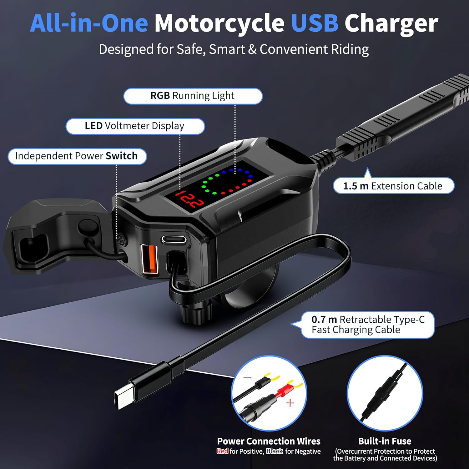 Motorcycle USB Charger, 3-in-1 Fast Charging with USB-A & USB-C + Retractable Type-C Cable, 12–24V Waterproof IP56, LED Voltmeter, Handlebar & Mirror Mount for Motorbike ATV