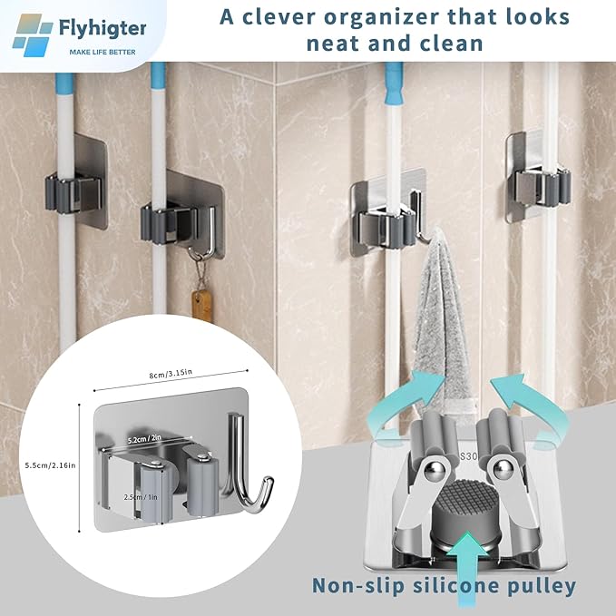 6 Pack Stainless Steel Mop and Broom Holders – Wall Mounted Grippers - Image 2