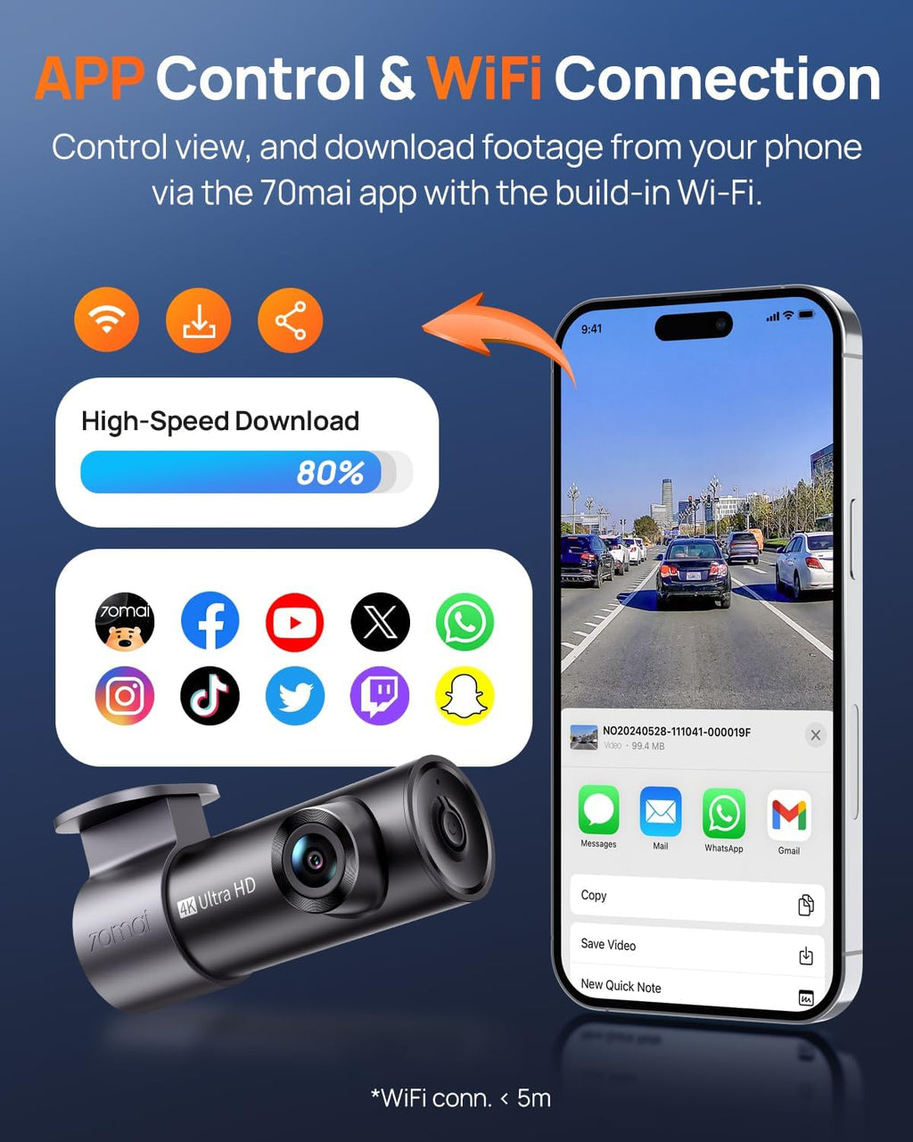 70mai m310 plus 4k dash cam front with showing dimensions
