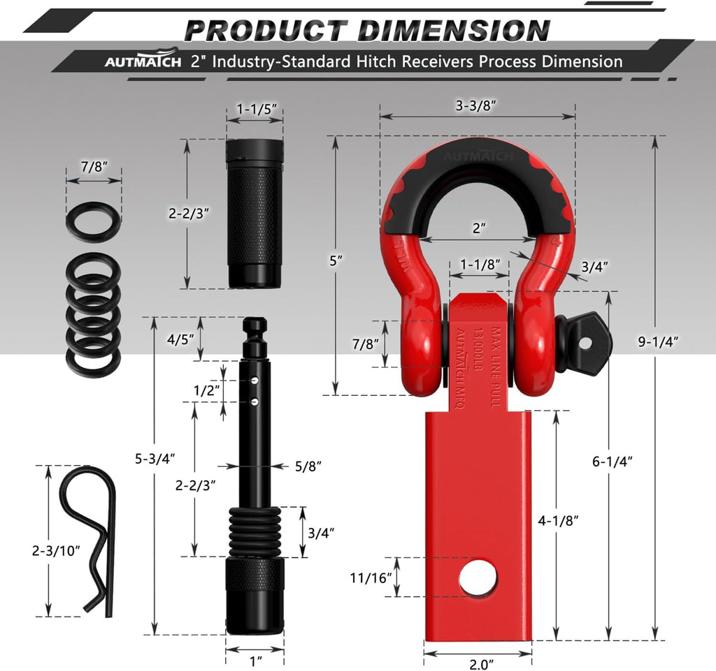 AUTMATCH Shackle Hitch Receiver 2 Inch - 3/4" D Ring Shackle and 5/8" Trailer Hitch Lock Pin, 45,000 Lbs Break Strength Heavy Duty Receiver Towing Kit for Off-Road Vehicle Recovery, Red
