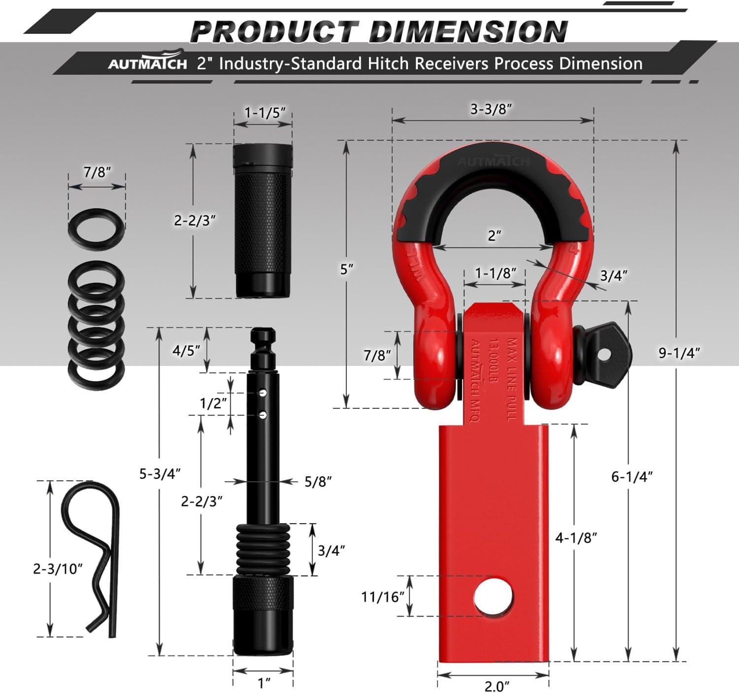 AUTMATCH Shackle Hitch Receiver 2 Inch - 3/4" D Ring Shackle and 5/8" Trailer Hitch Lock Pin, 45,000 Lbs Break Strength Heavy Duty Receiver Towing Kit for Off-Road Vehicle Recovery, Red