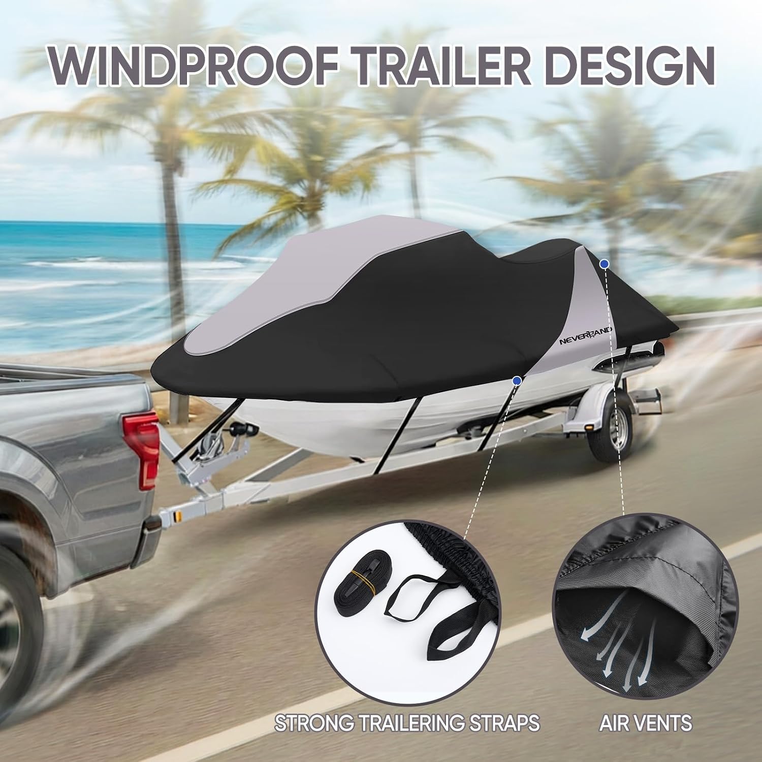 Trailerable Jet Ski Cover Waterproof - 600D Compatible with Yamaha Seadoo, Jetski Covers 2 3 Seater UV Resistant, Heavy Duty Jetski Cover with 2 Air Vents Personal Watercraft Cover 120" to 135"(Grey)