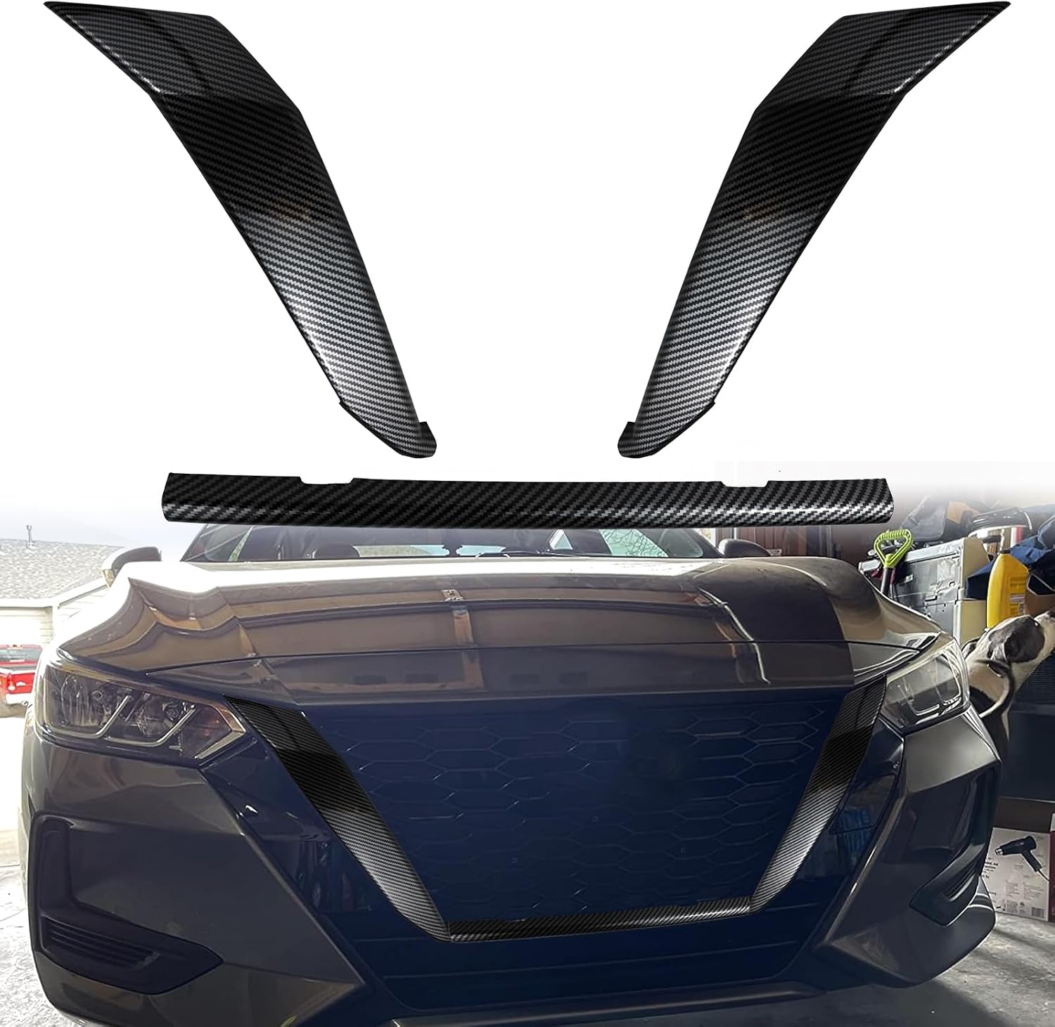 3 PCS Front Grill Frame Cover Trim Compatible with Nissan Sentra S SV SR and Premium Sedan 2020 2021 2022 2023 Front Grille Trim Carbon fiber Accessories (Carbon fiber style)