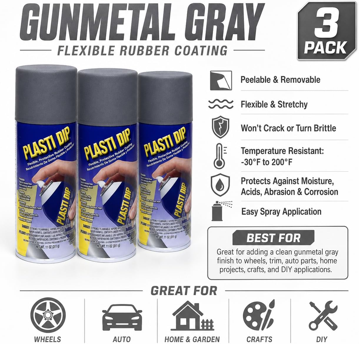 Plasti Dip Spray Coating, Gunmetal Gray, 11 oz Aerosol Cans, 3 Pack, Multi-Purpose Peelable Rubber Coating, Flexible Protective Spray for Wheels, Trim, Auto, Home, Garden, Craft & DIY Projects