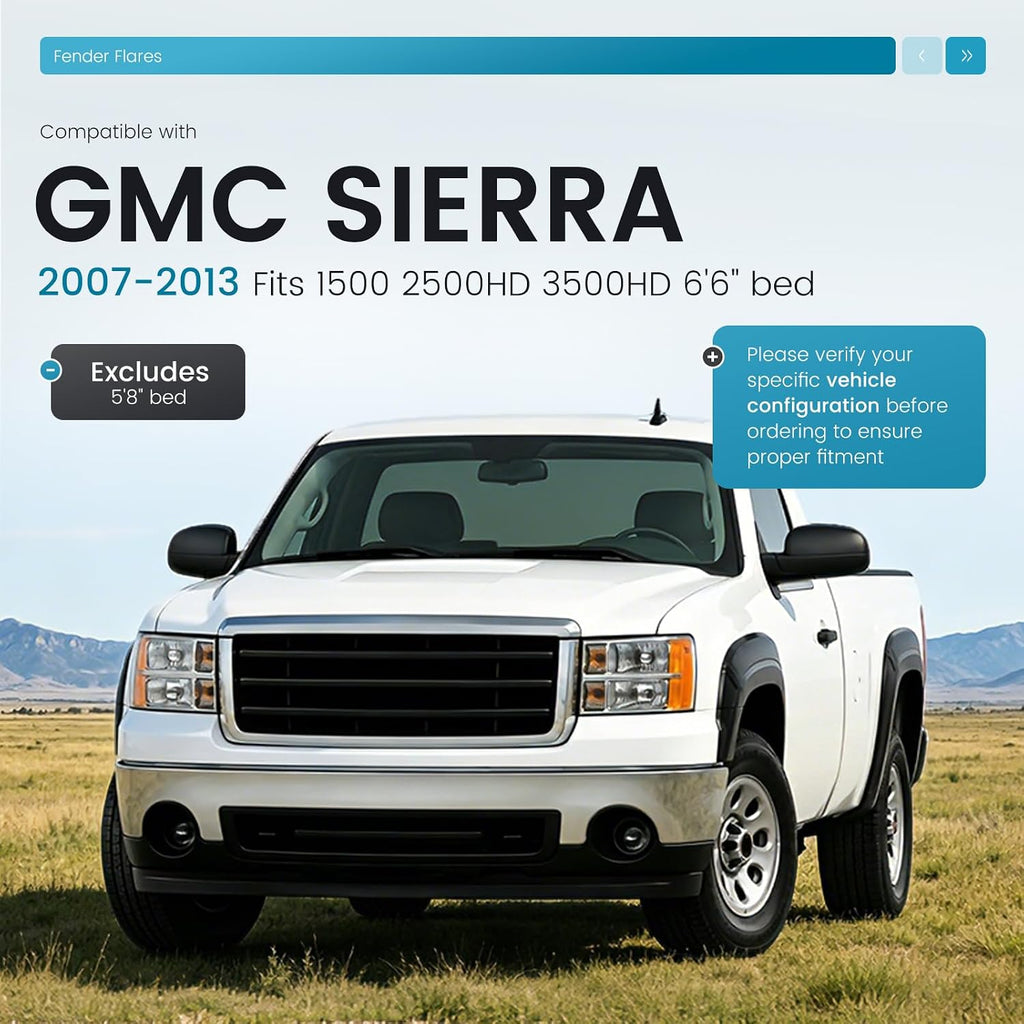 ALMULOO 4Pcs Fender Flares Compatible with 2007-2013 GMC Sierra 1500 2500 HD 3500 HD 6'6" bed Only Wheel Arch Covers Plastic(PP) Textured Black