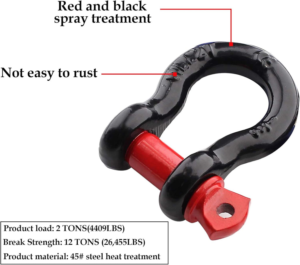 2Pcs 1/2 Inch D Ring Shackle, D Shackle Rugged 12 Ton(26,455 lbs) Maximum Break Strength, 2 Ton (4409 Lbs) Capacity