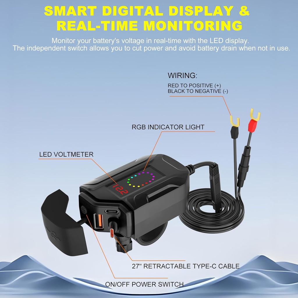 Motorcycle USB Charger, Retractable Type-C & Dual USB Fast Charging, Independent Switch, 3-in-1 SAE to USB Adapter with 1.5m Extension, LED Voltmeter, Waterproof for Dirt Bike, ATV, UTV