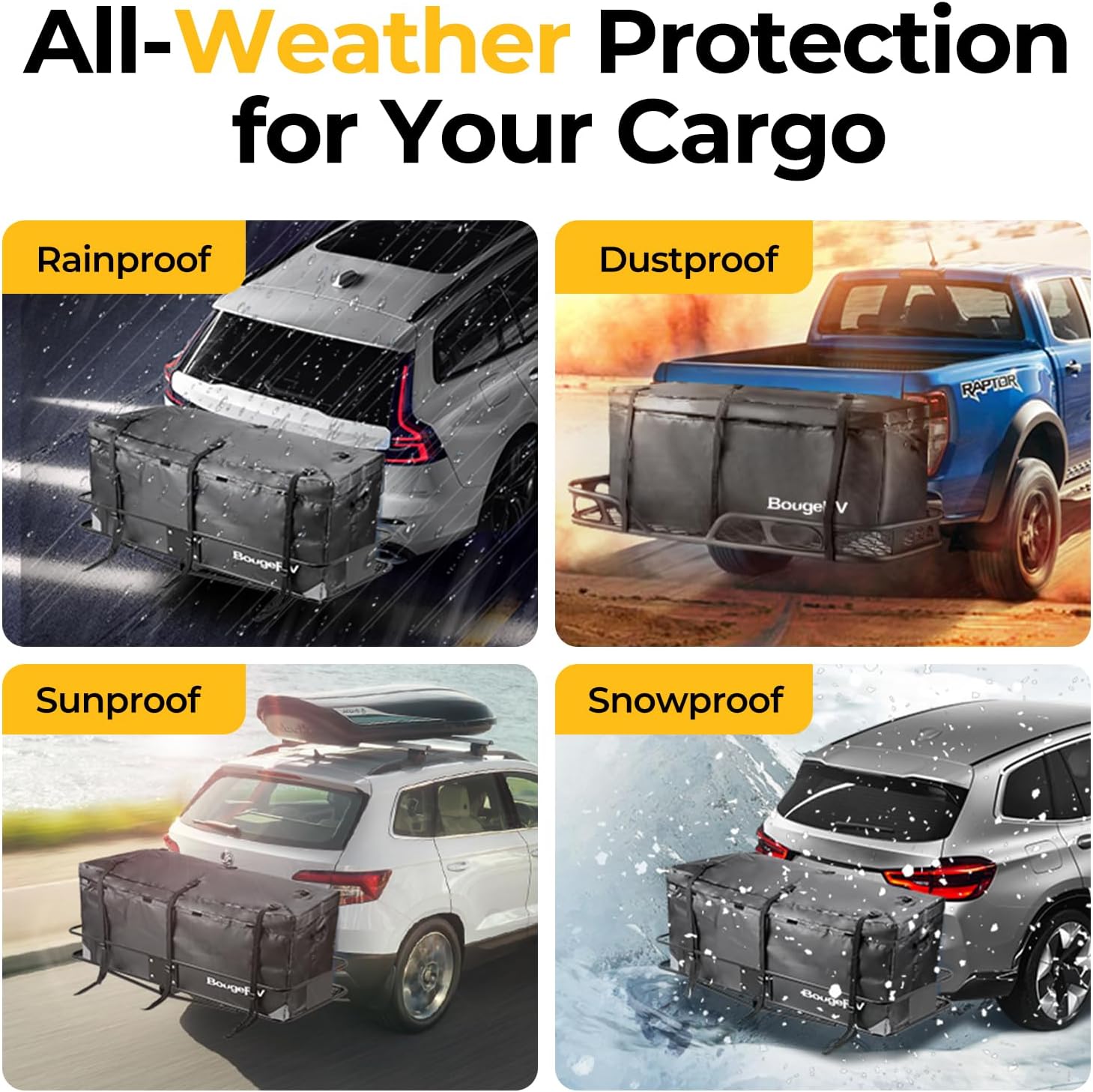 BougeRV Hitch Cargo Carrier Bag Waterproof/Rainproof for Car Truck SUV Vans Rear Mount Trays and Baskets 48'' L x 20'' W x 22'' H