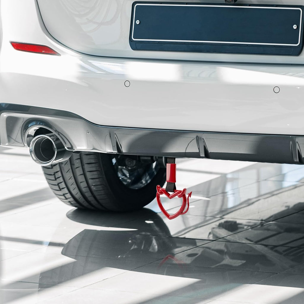 2 Pcs Devil Heart Shaped Car Handle Strap – JD M Drift Charm Rear Bumper Warning Ring Decor for Car Interior Exterior, Subway Bus Handle Accessory, Cute Heart Car Decor Gift (Red-Tail)