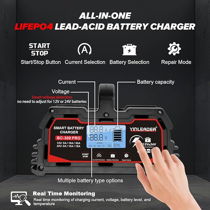 Battery Charger 30A, 12V/24V Lead Acid Smart Battery Charger, 12V LiFePO4 Car - Image 4