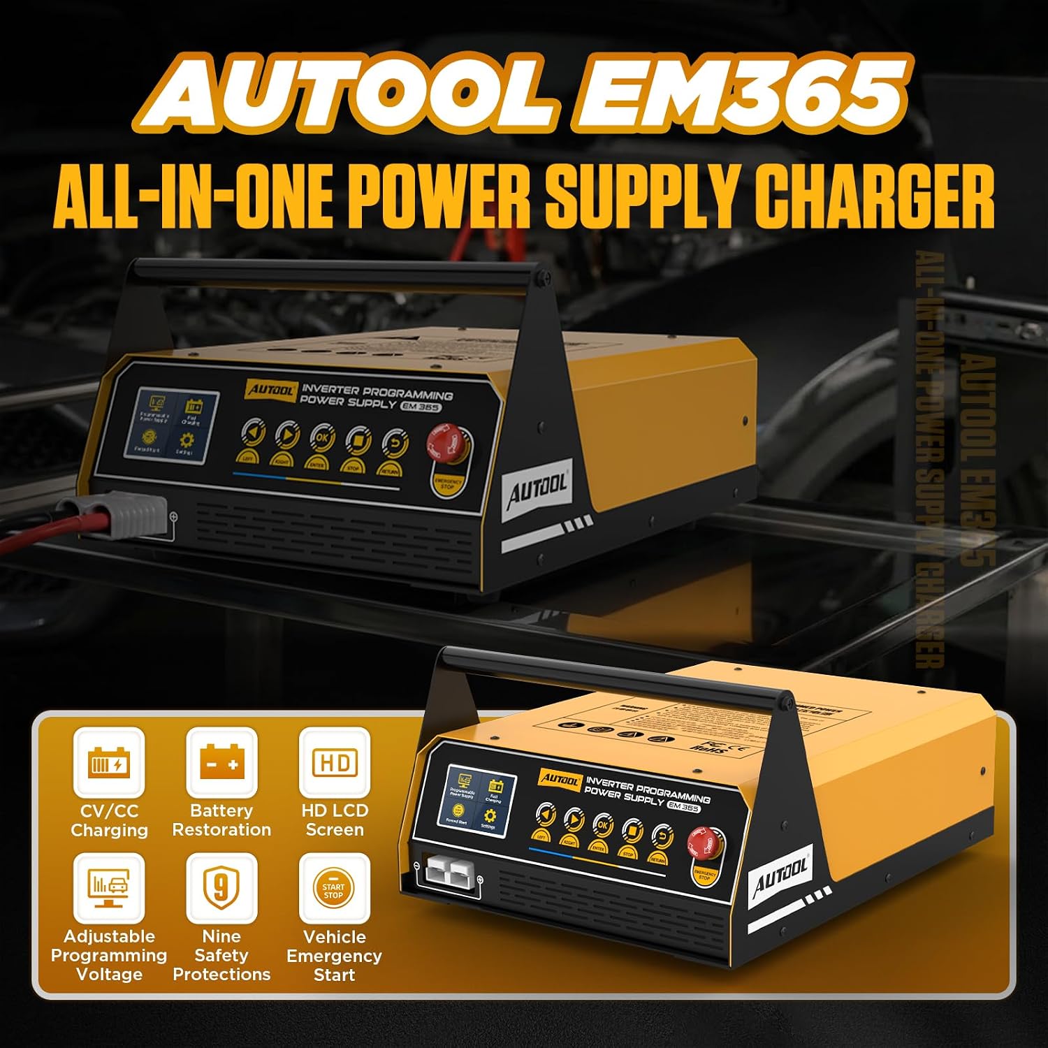 AUTOOL EM365 Inverter Programming Power Supply, Power Inverter for Car, 12V Automotive Battery Maintainer with 400A Rated Current, Adjustable 10.8-15V, Multi-Protection