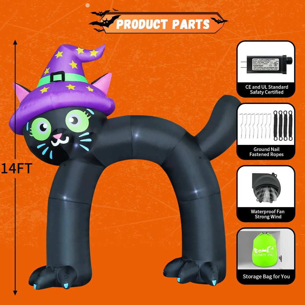 COMIN 14FT Halloween Inflatables Outdoor Decorations Black Cat Arch Blow Up Y...