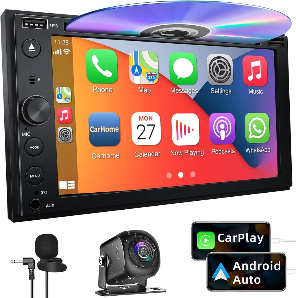 Double Din Car Stereo with CD/DVD Player Apple Carplay & Android Auto, 6.2Inch