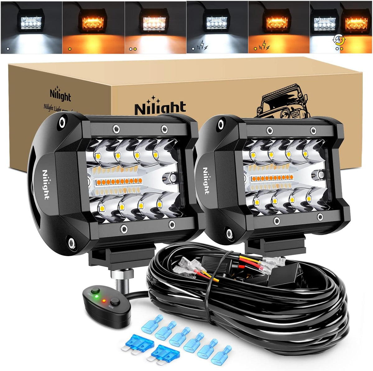 nilight 4inch amber white strobe 6 modes 60w, main product view