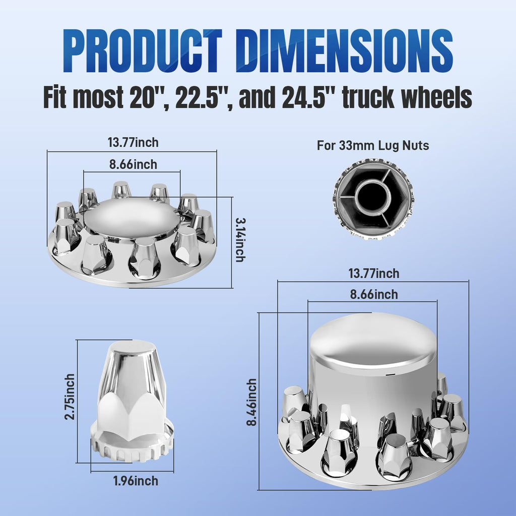 32/33mm Semi Truck Lug Nut Covers Wheel Covers Kit with 2 Front & 4 Rear, ABS Chrome Plastic Thread-On Lug Nut Covers with Installation Tool, Removable Hub Caps Kit for Semi Truck Trailer