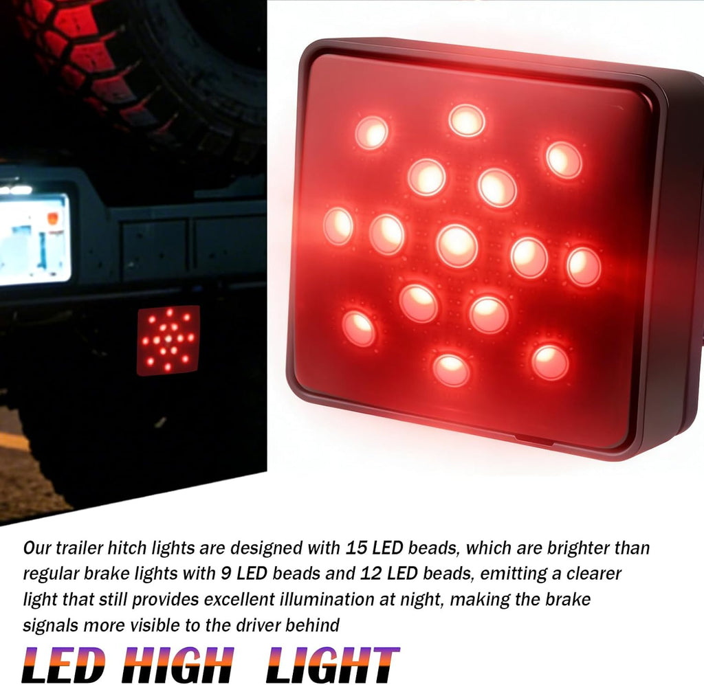 12V Trailer Hitch Light,Square 2" Receiver Tow Hitch Light with 4-pin Adapter & 15 LED Beads for Warning Purposes,Waterproof & High Brightness Red Trailer Hitches Brake Lights