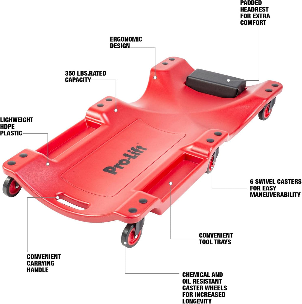 Pro Lift Mechanic Plastic Creeper 40 Inch - Blow Molded Ergonomic HDPE Body with Padded Headrest & Dual Tool Trays - 350 Lbs Capacity Red